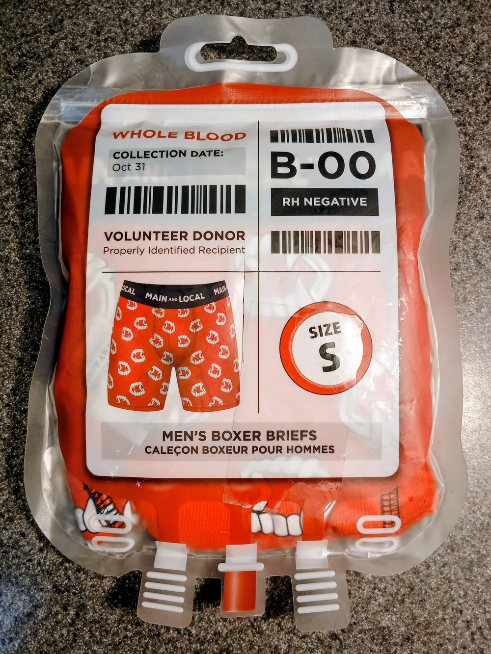 Whole Blood RH Negative Men's Boxer Briefs Halloween Novelty in Blood Bag Small